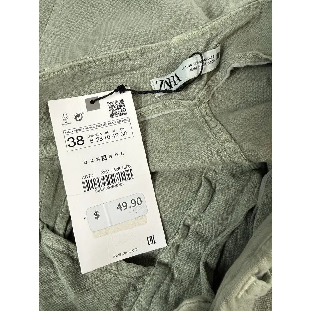 ZARA Pants Womens 6 Green Cotton Linen Twill High Rise Tapered Ankle Barrel NWT